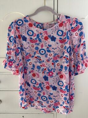 LOFT Pink Floral Ruffle Sleeve Blouse XS